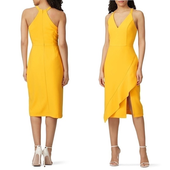 HARLYN Asymmetrical Ruffle Sleeveless V-Neck Yellow‎ Crepe Sheath Midi Dress L - Picture 2 of 8